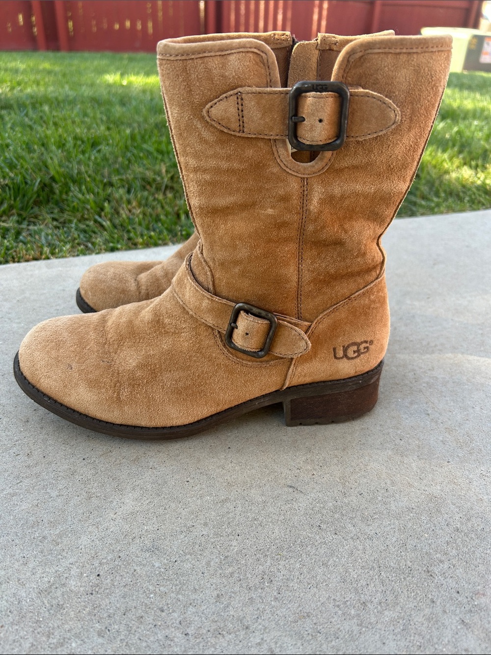 UGG Tan Suede Mid-Calf Buckle Heeled Boots